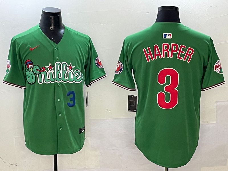 Men Philadelphia Phillies 3 Harper Green Three generations Joint Name Game 2025 Nike MLB Jersey style 3